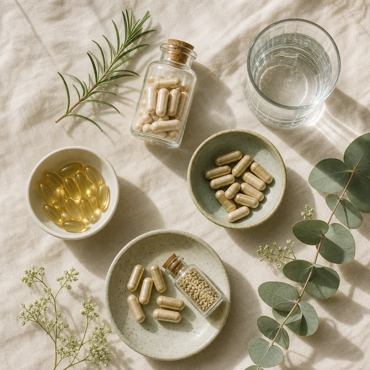 Minimal supplement flat-lay with botanicals